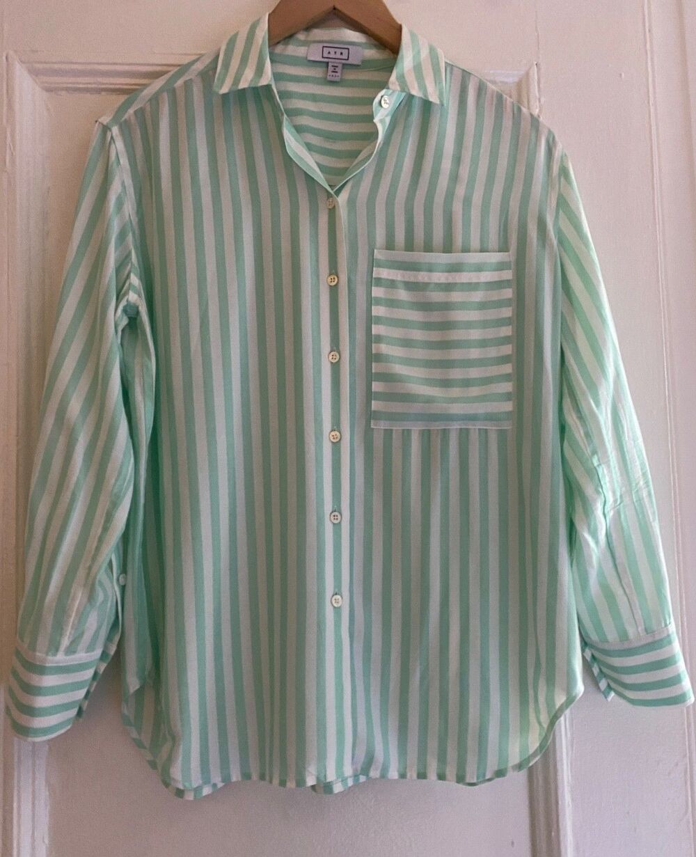 AYR The Deep End Silk Viscose Striped Button Down Shirt Mint Green White XS EUC
